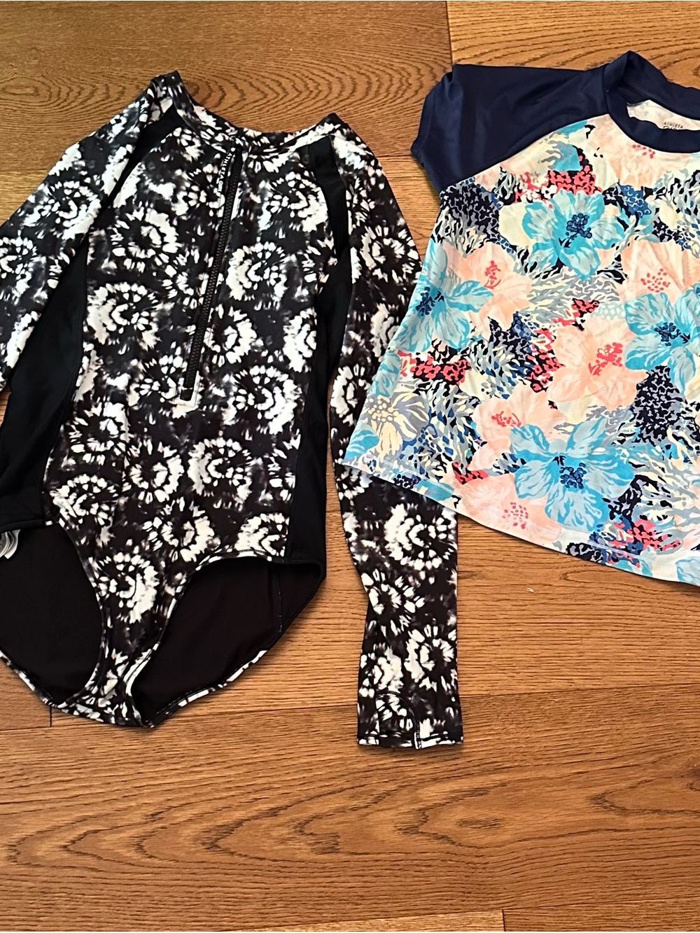 Athleta Long Sleeve One Piece Rashgaurd- Tie Dye & Short Sleeve Floral Rashgaurd